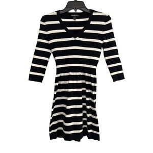 Mango Basics‎ Womens Fit Flare Sweater Dress Sz M Black White Stretch 3/4 Sleeve